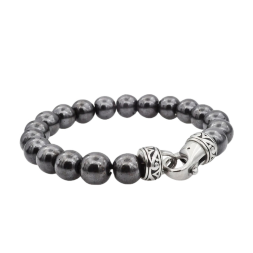 Mens Blackjack Genuine Hematite Stainless Steel Beaded Bracelet